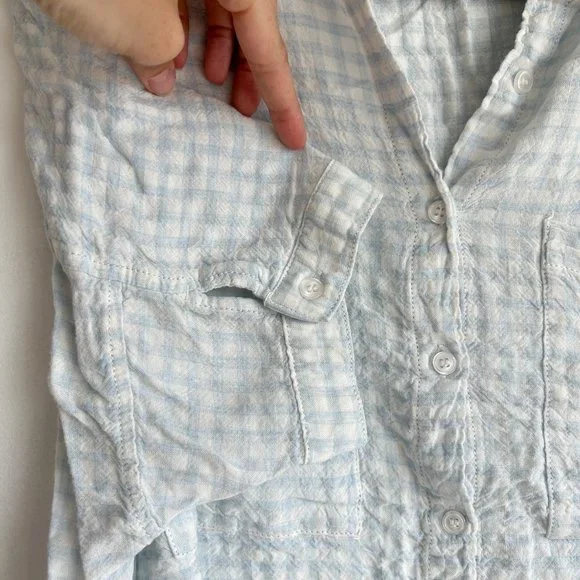 Frosty Blue Gingham Button Down Crop - Super Soft, Not See Through - Picture 3 of 7